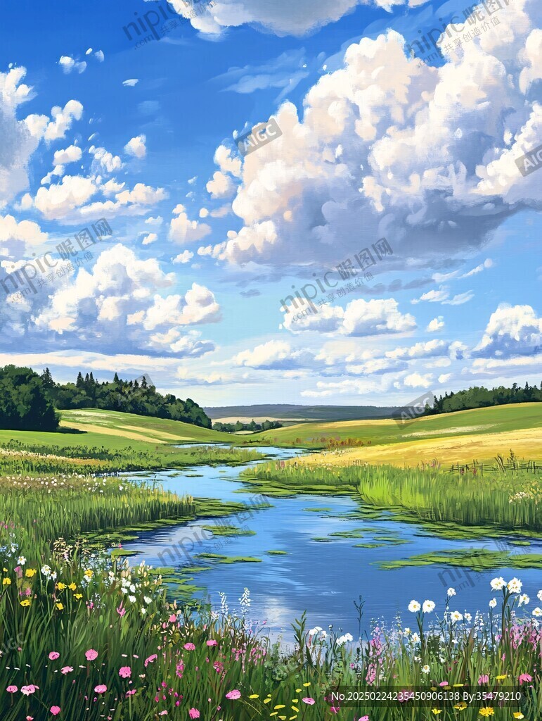 草地野花河流