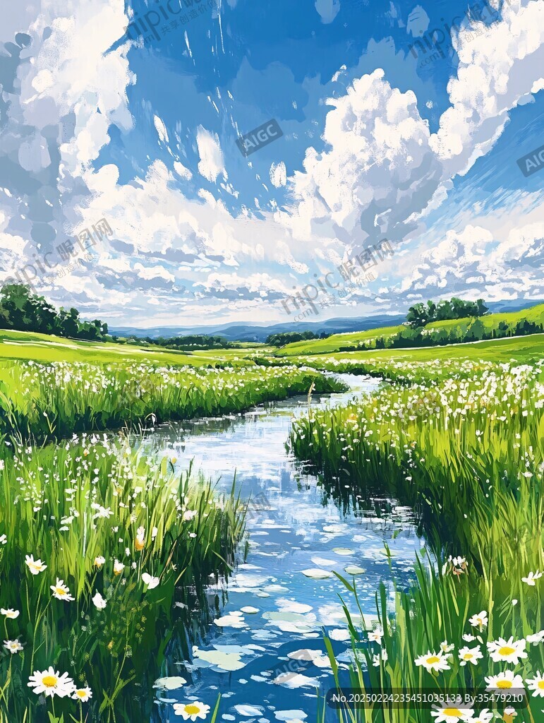 草地野花河流