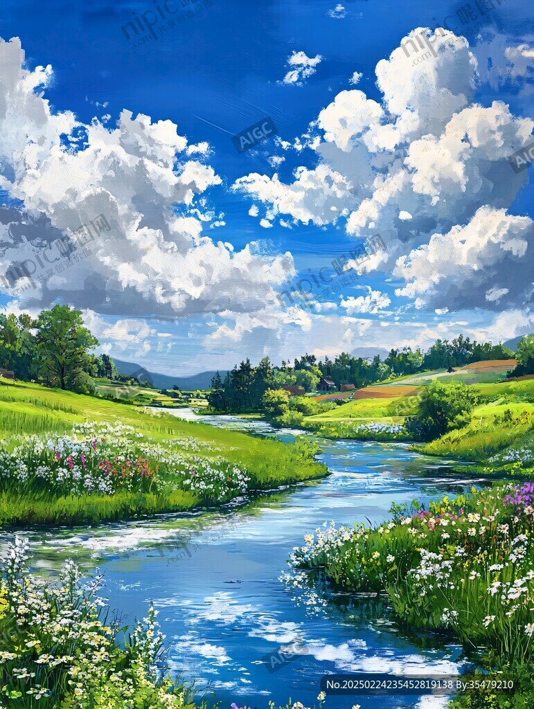 草地野花河流
