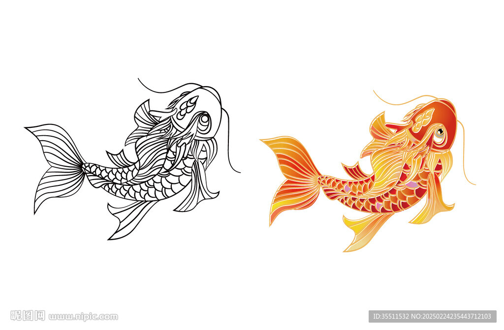 龍魚錦鯉線稿彩色矢量圖案