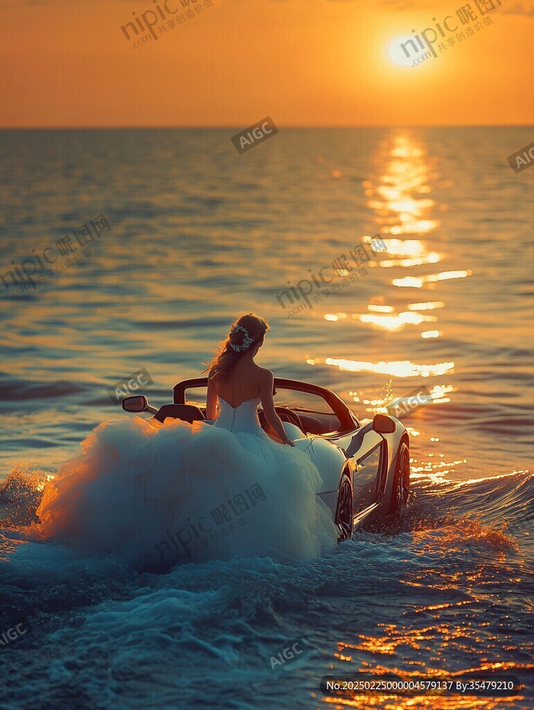 夕陽下的快艇