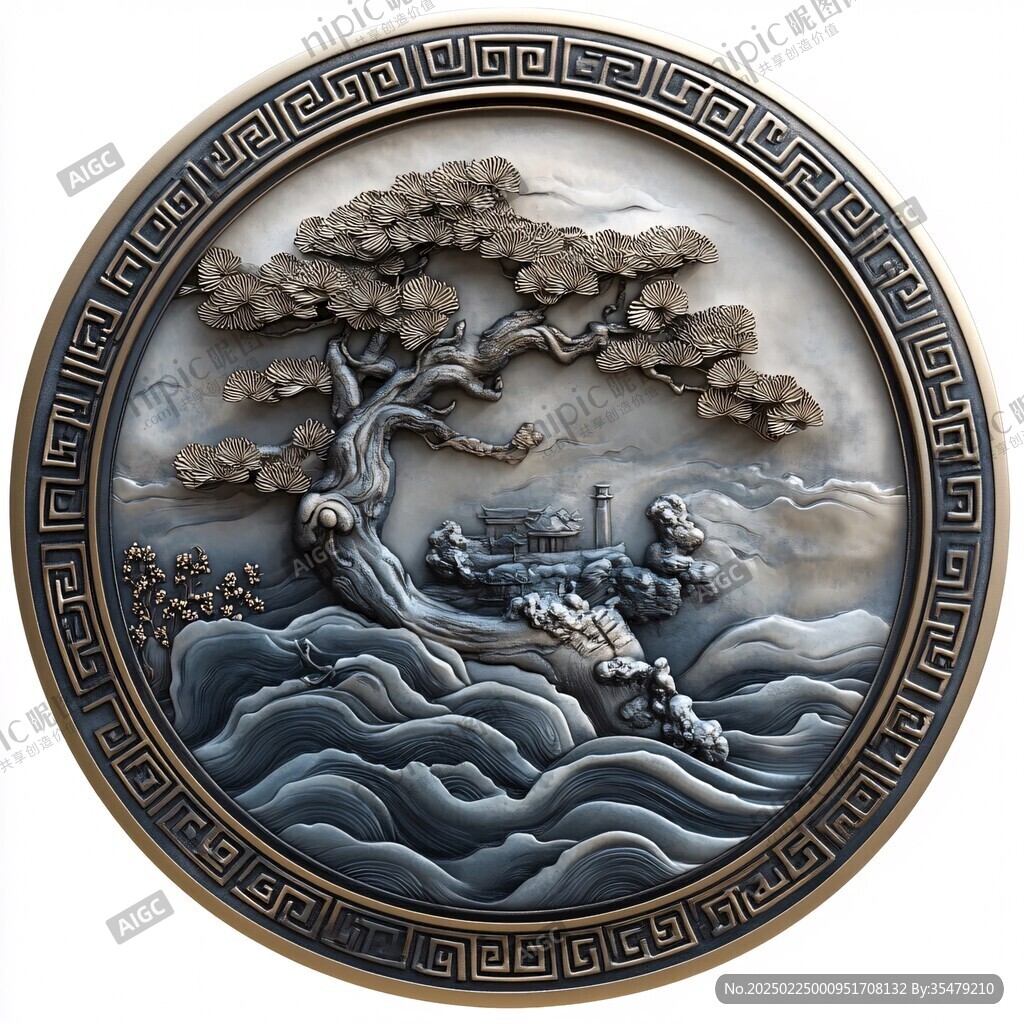 立體山水麋鹿圓框畫