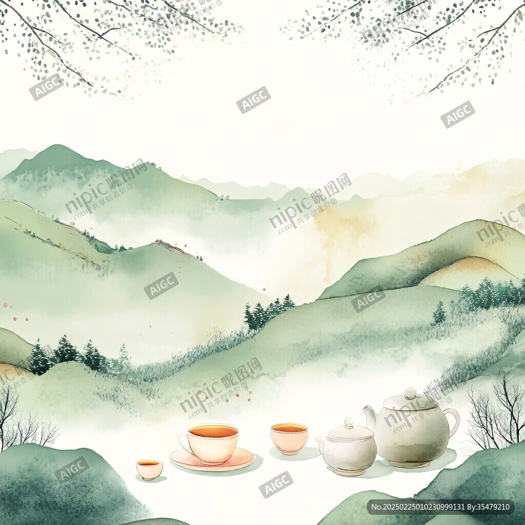 山水畫(huà)茶樹(shù)茶杯茶園
