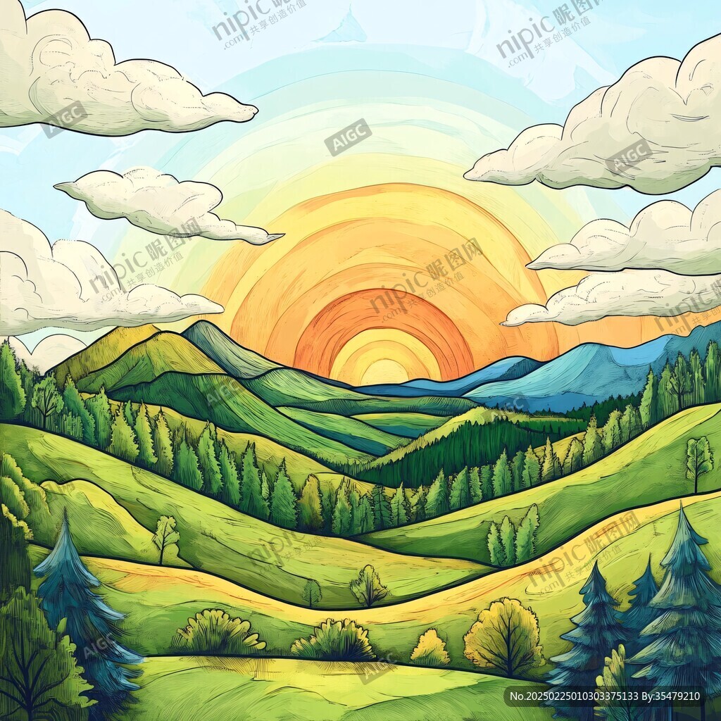 陽光晴朗風景插畫