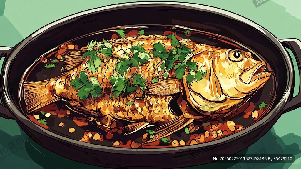 鐵鍋燉魚插畫