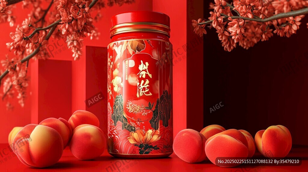 紅色瓶子與桃子