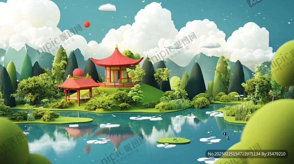 云霧繚繞的夢幻山水畫