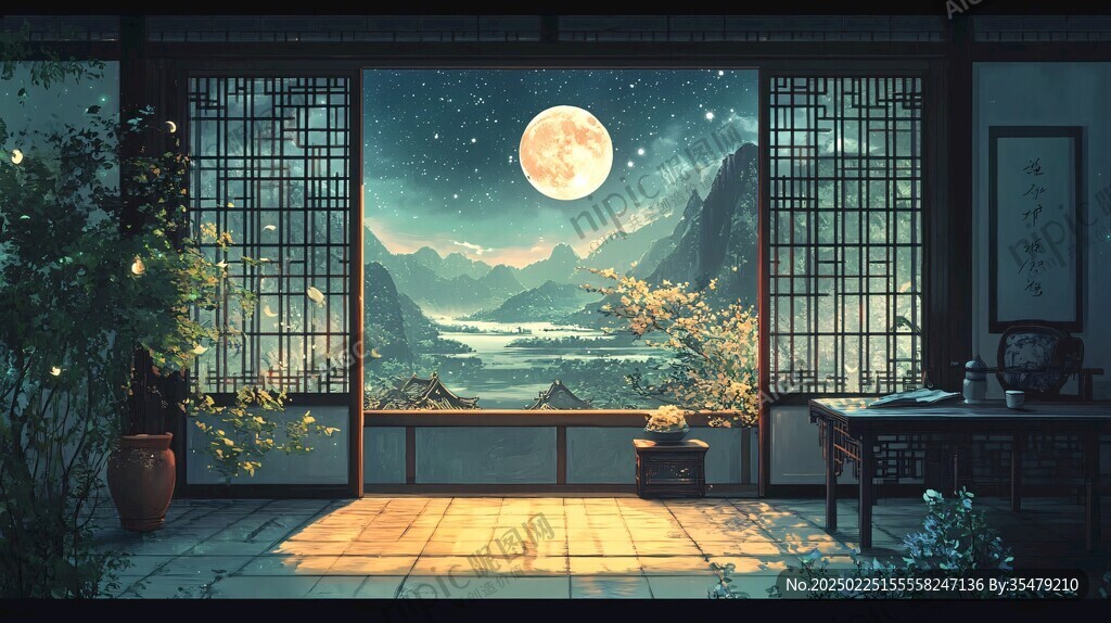 滿月映照下的古風(fēng)山水畫(huà)