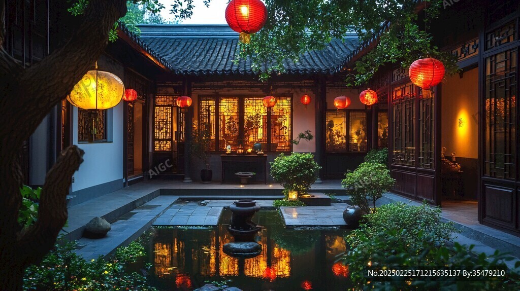 夜幕下的中國傳統(tǒng)庭院
