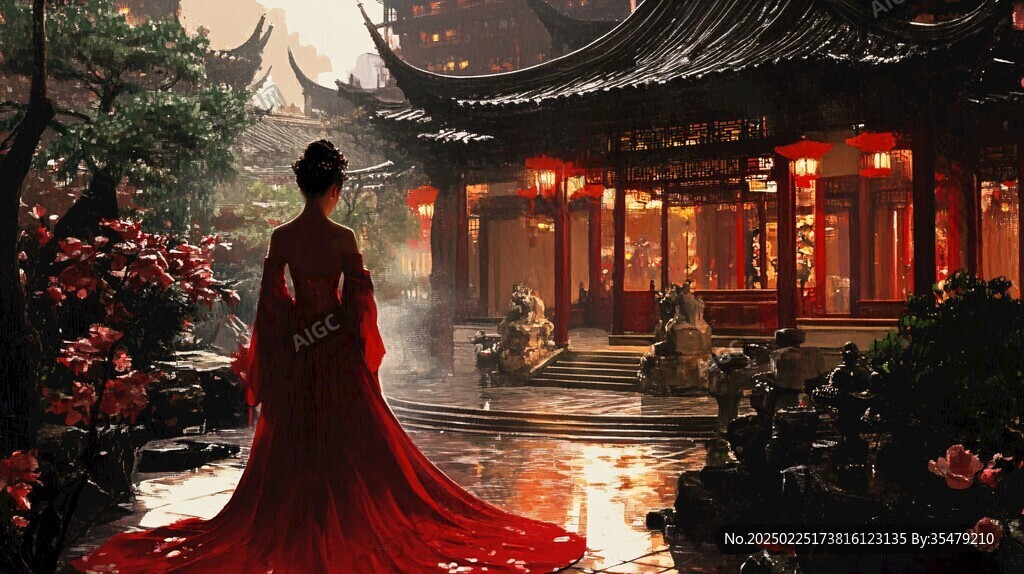 紅衣女子 古代建筑 桃花 雨夜 中國風情 宮廷生活 傳統美 東方美學 歷史場景 文化遺產 建筑美學