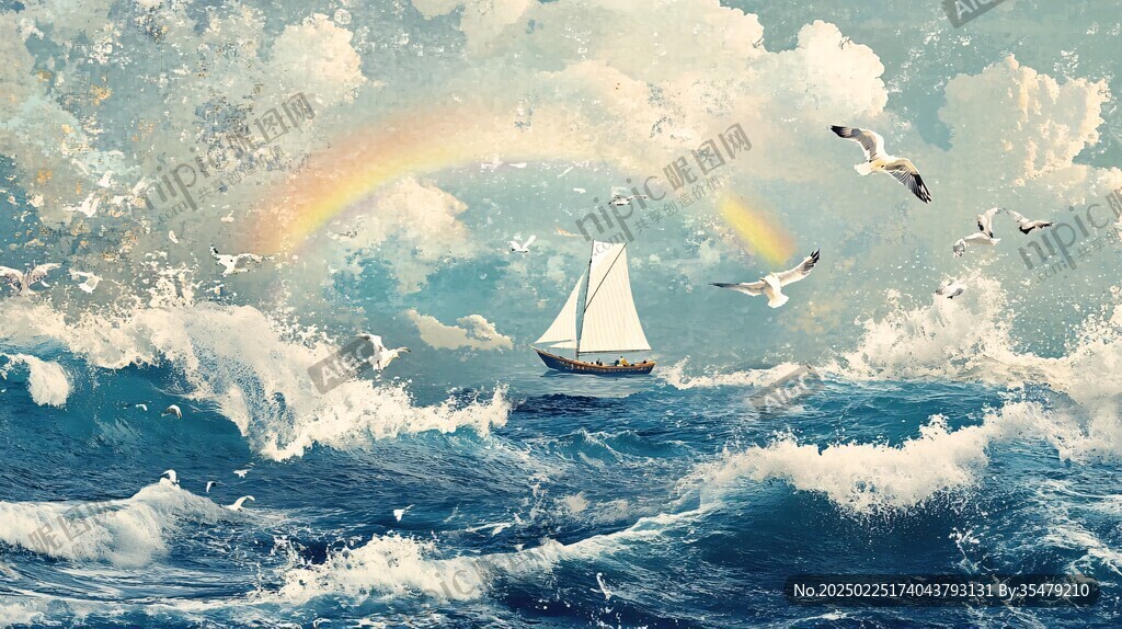 洶涌海浪中的帆船與彩虹