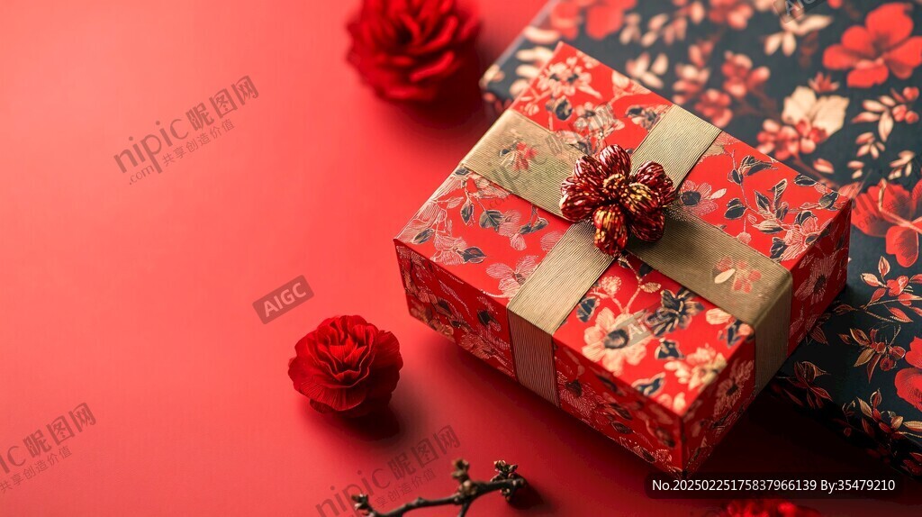 紅色禮盒與花卉背景