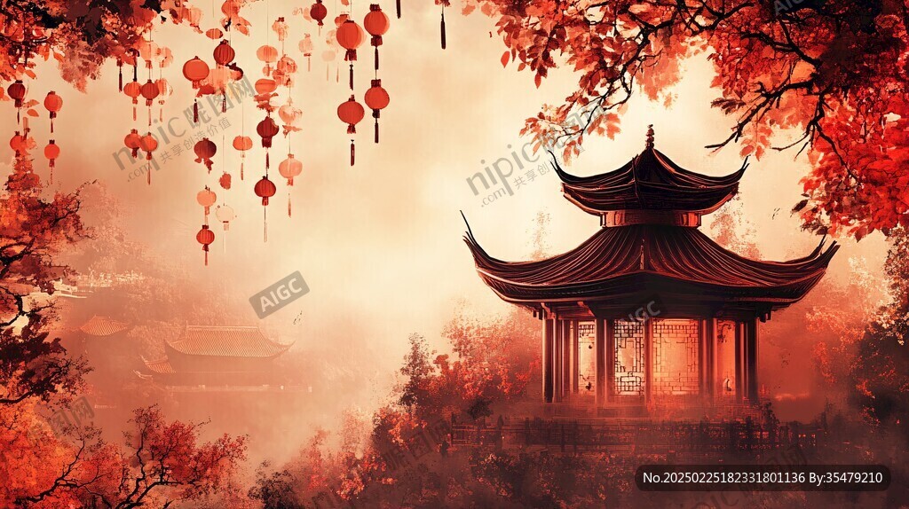東方韻味 紅葉飄零 古亭靜立