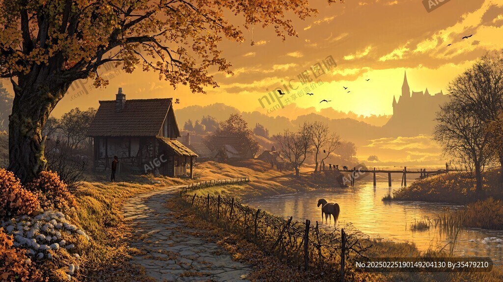 秋日落景中的鄉村小屋