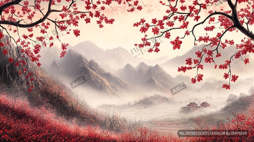 山谷中的紅色桃花