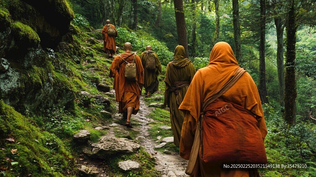 僧侶在蒼翠的山林中跋涉