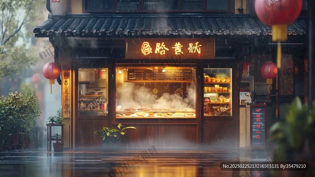 雨中古鎮的美食小店