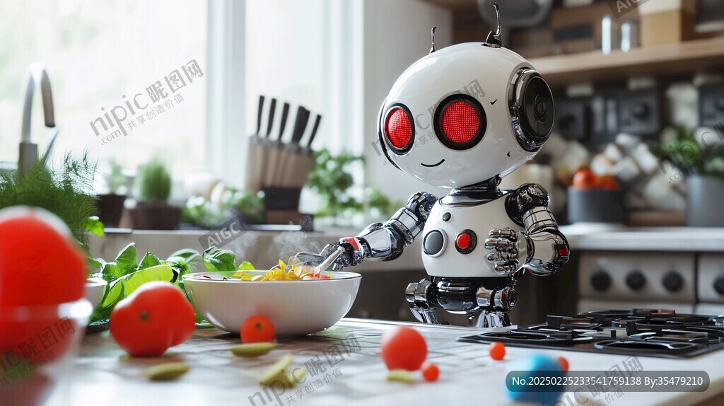 機(jī)器人廚師在廚房準(zhǔn)備食物