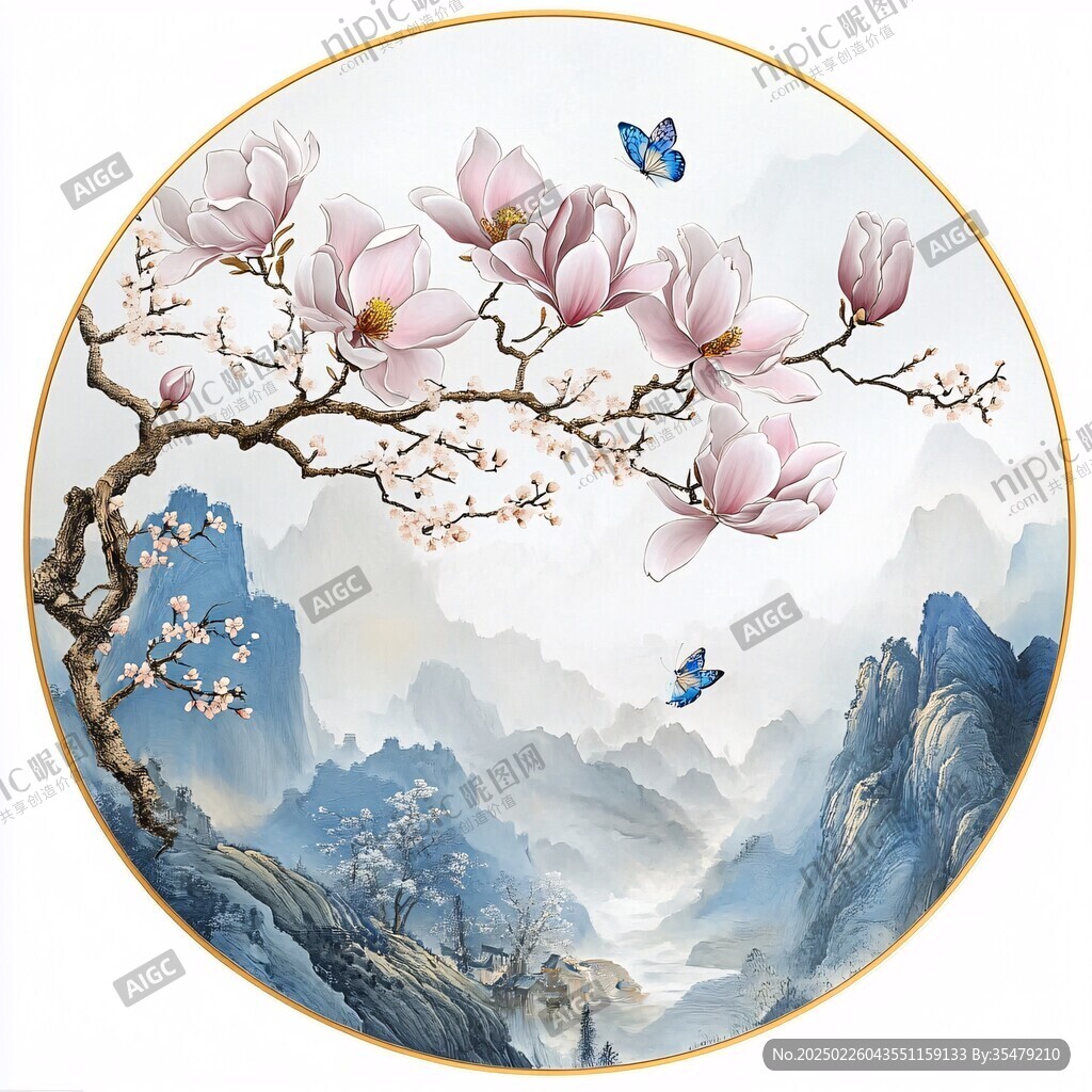 圓形花卉山水畫
