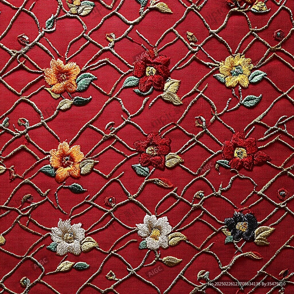 紅色刺繡花卉織物