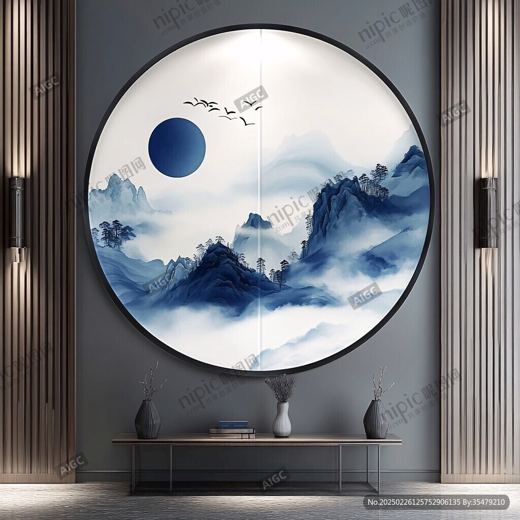 山水圓形畫作