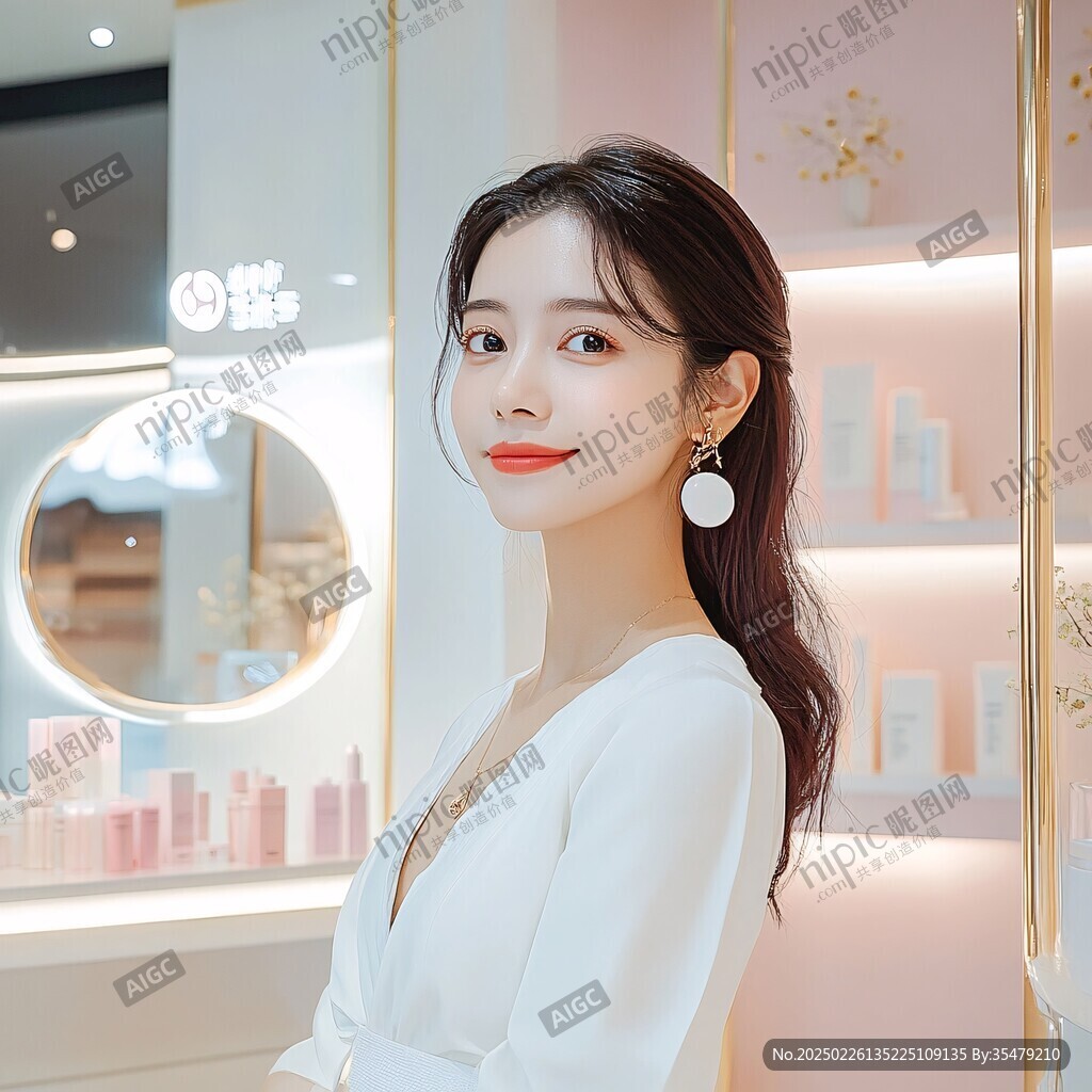 優(yōu)雅白衣女子在化妝品店內(nèi)
