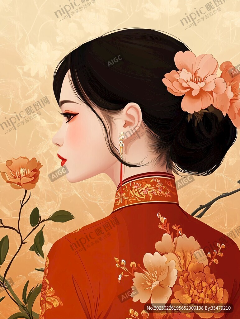 紅衣女子 花卉背景 精致插畫
