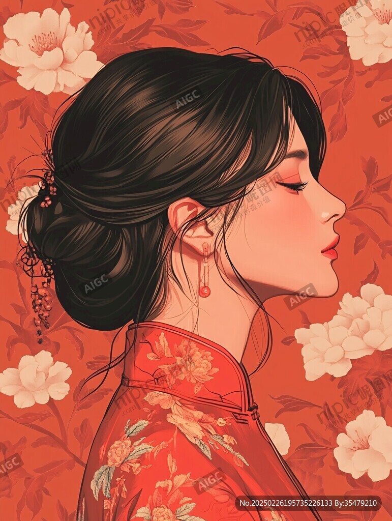 紅衣女子 花卉背景