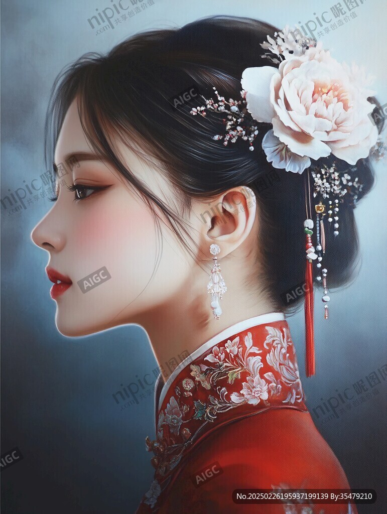 古典美女 紅衣女子 頭戴花朵 精致耳環(huán)