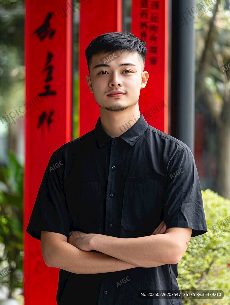 年輕男子站在紅色墻前