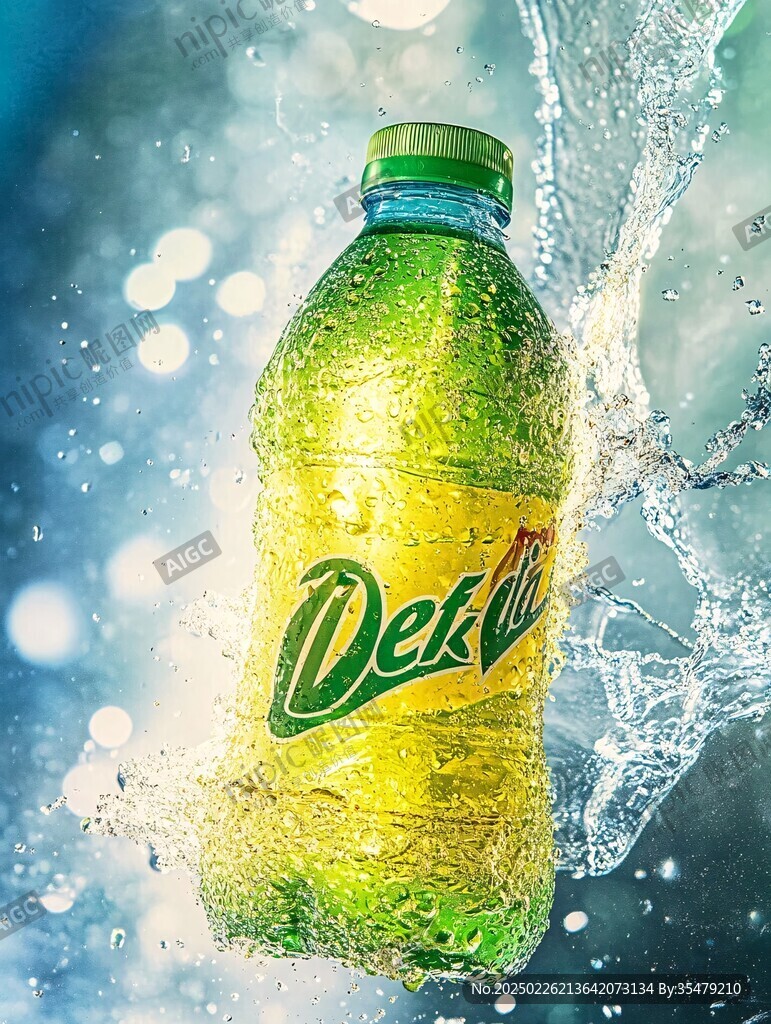 活力綠色 清新氣息 Detla飲料 水滴飛濺 生動場景 飲品廣告 冷飲 檸檬味 夏日解渴 綠色瓶蓋