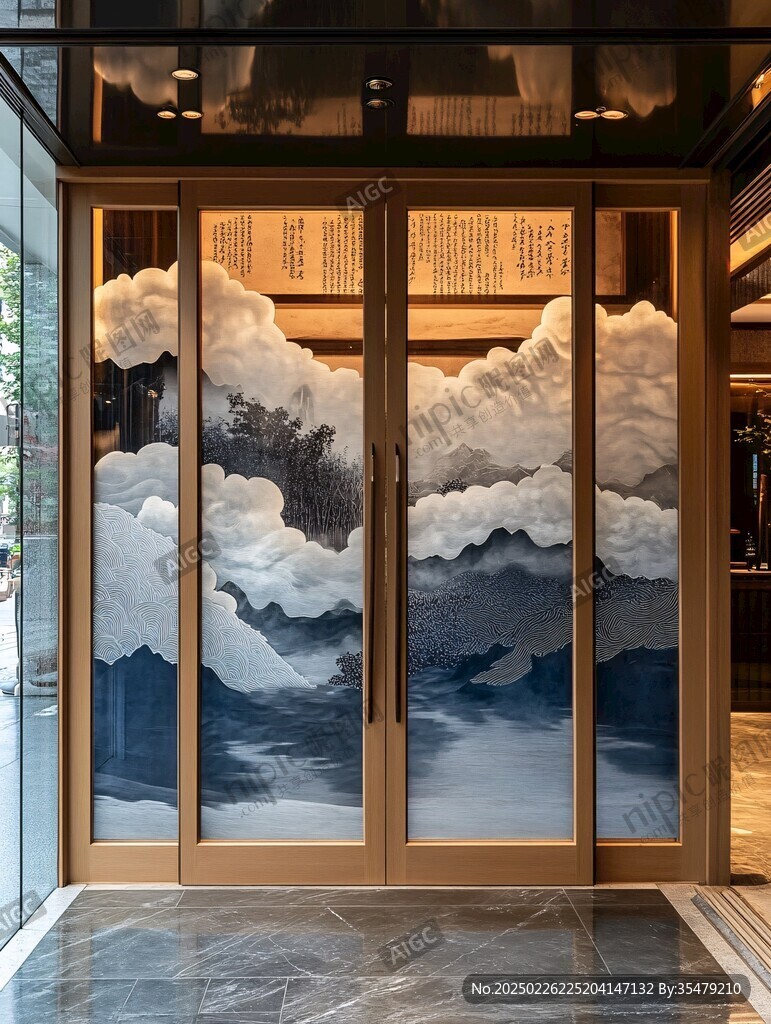 云山水畫藝術(shù)玻璃門