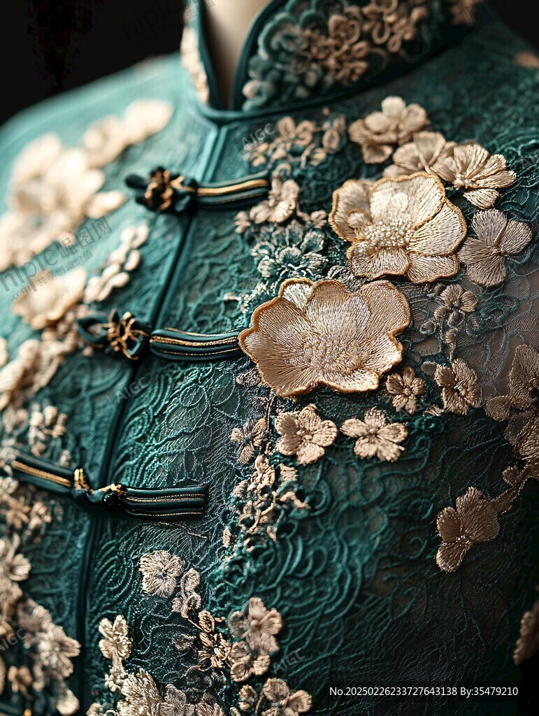 綠色蕾衣 金色花卉刺繡 中國傳統風格