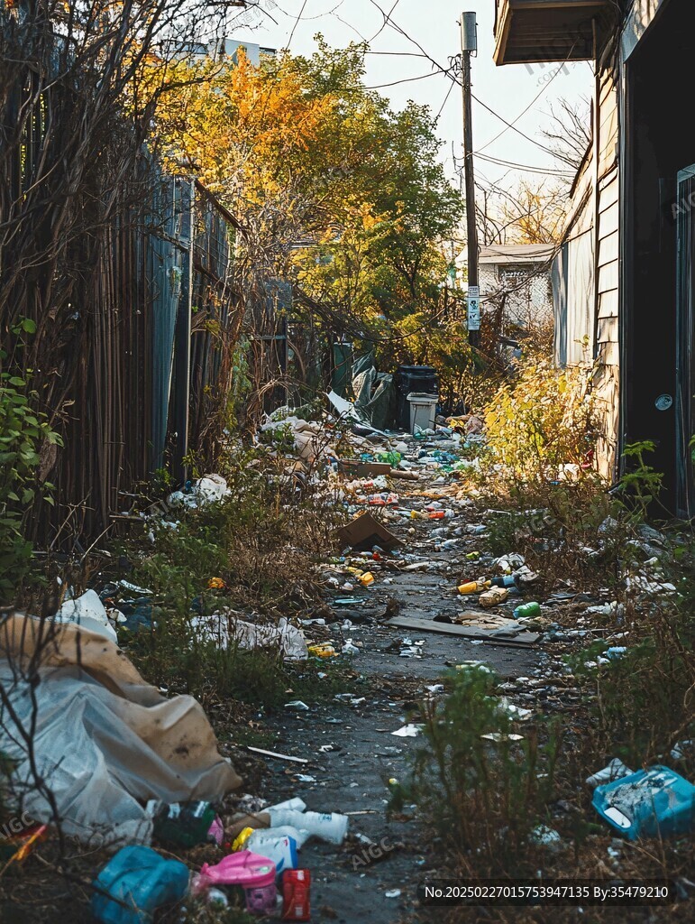 城市小巷的垃圾堆積
