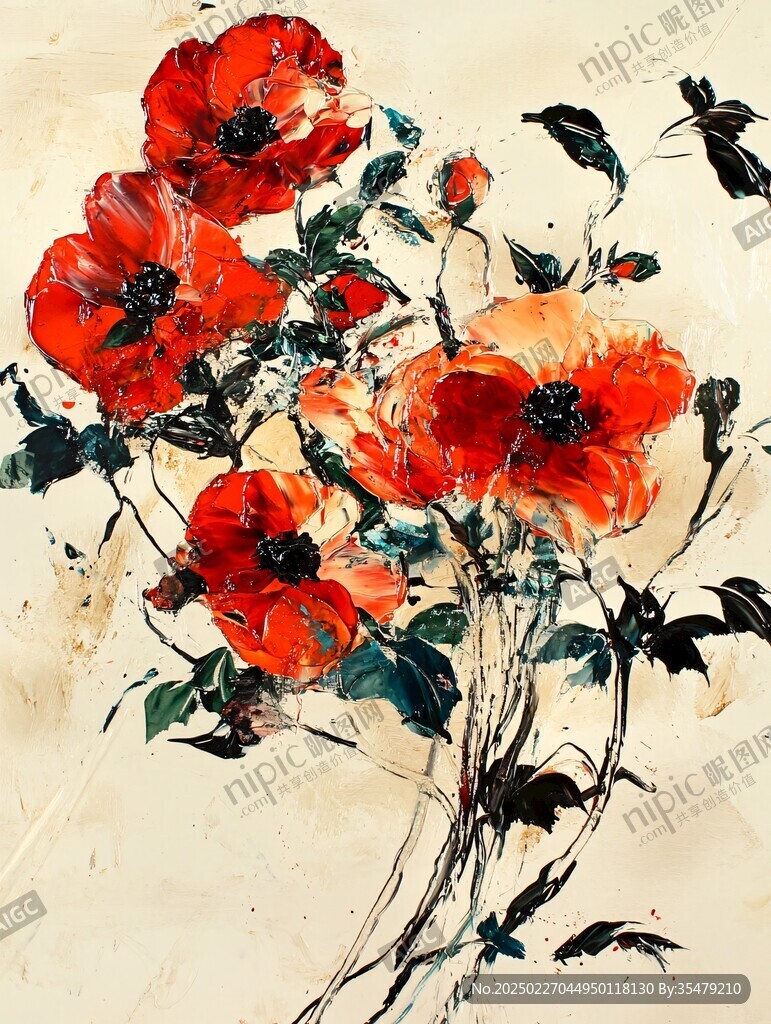 鮮紅花卉油畫