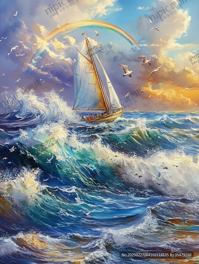 風(fēng)帆船與彩虹海景