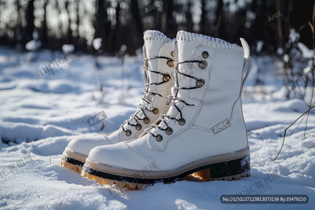 雪地中的白色靴子 背景是樹林和雪地 白色靴子在雪地中