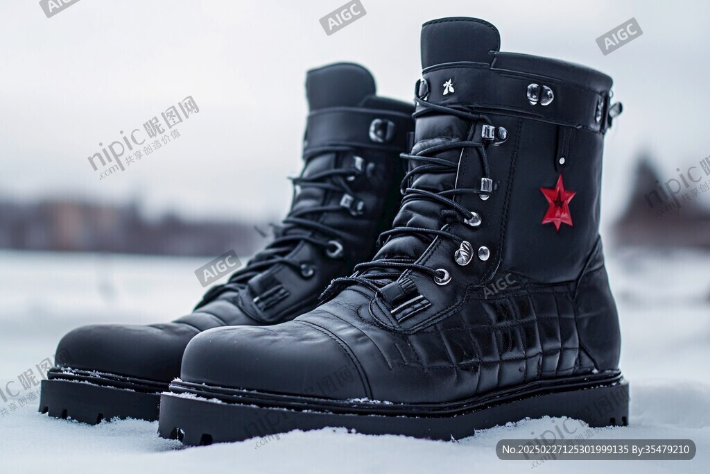 黑色戰(zhàn)斗靴 紅星標(biāo)志 雪地背景