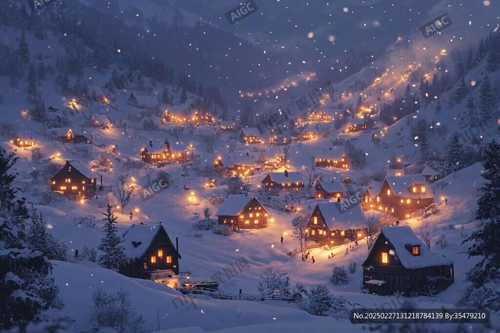 雪夜下的溫馨村莊