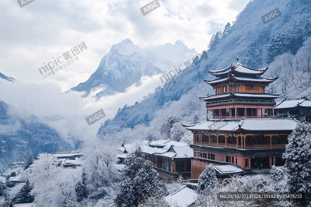 雪山下的古寺廟