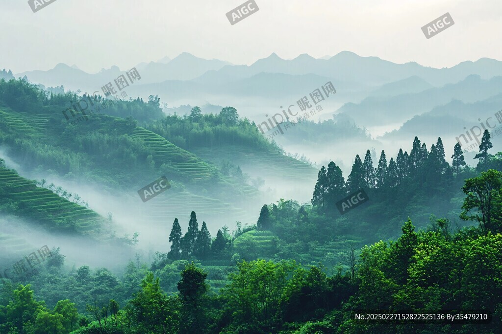 霧氣繚繞的梯田山景