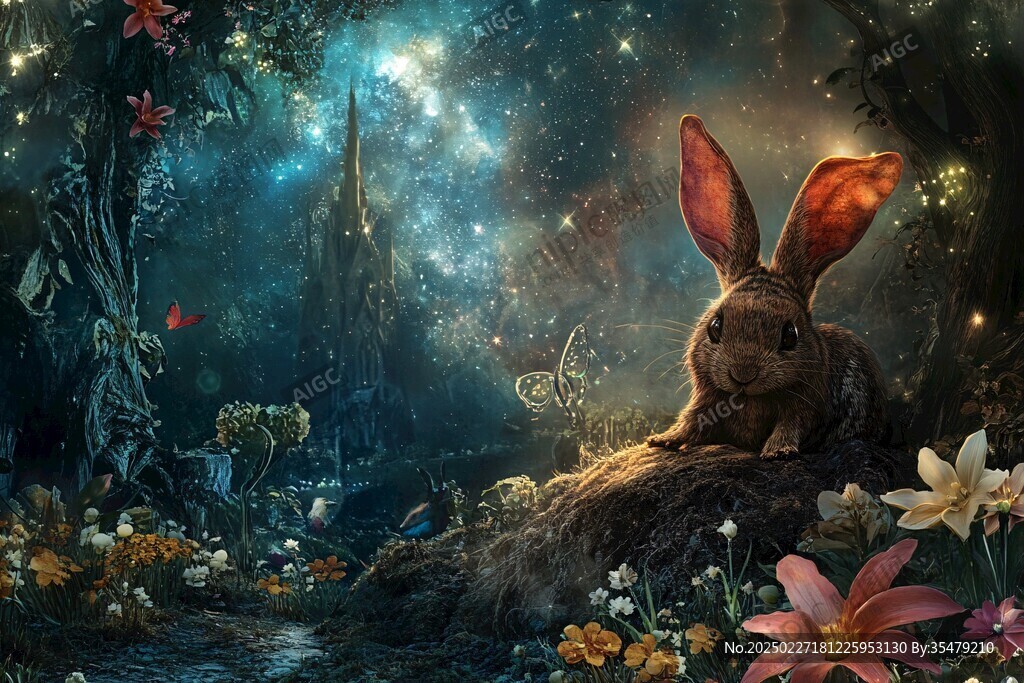 神秘夜晚的兔子與魔法城堡