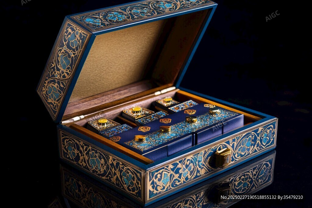 精致的藍金盒子和里面的物品