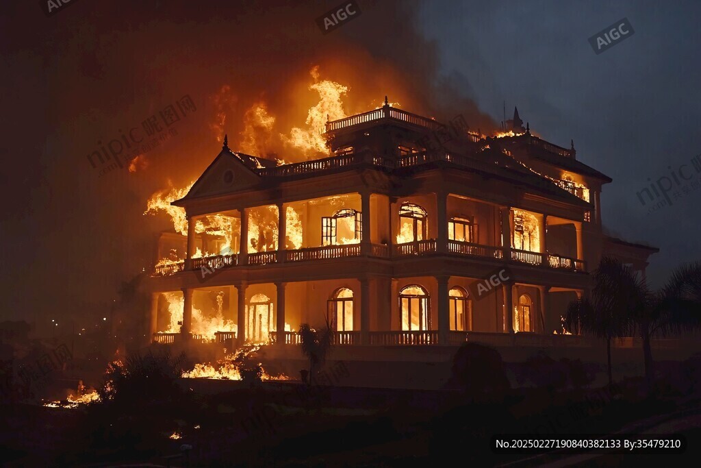 夜幕下的豪宅燃燒