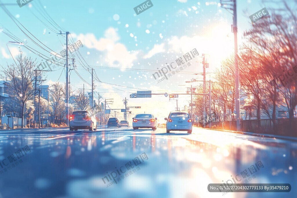 冬日街道 陽光照耀 雪花飄舞