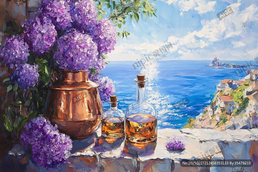 海邊的繡球花瓶與酒瓶