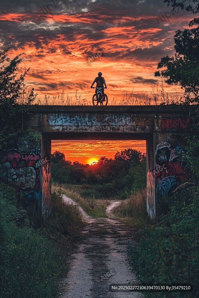夕陽(yáng)下的涂鴉橋梁與騎車人