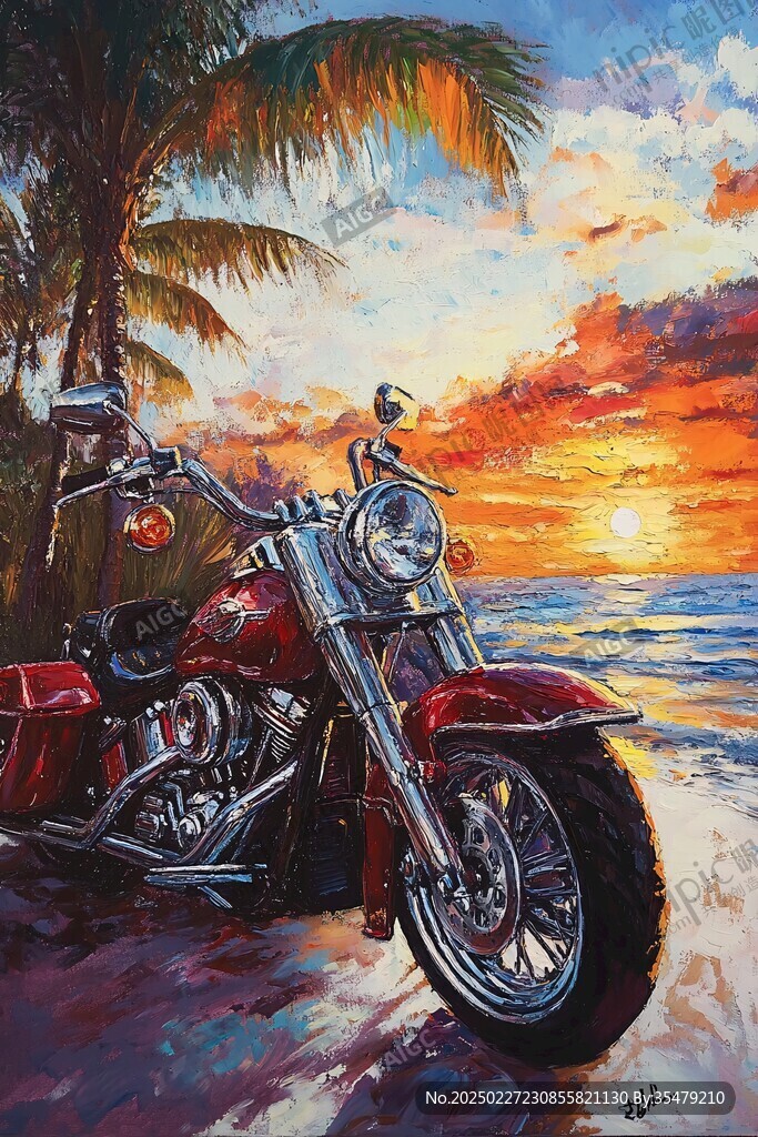 海灘日落下的摩托車