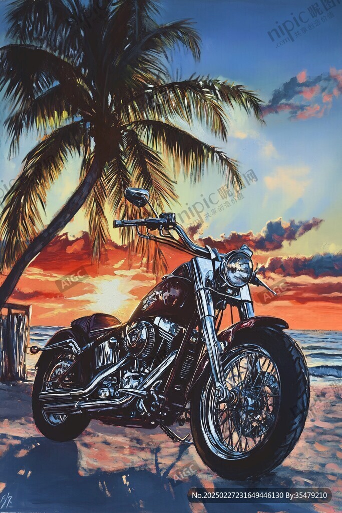 海灘日落下的摩托車