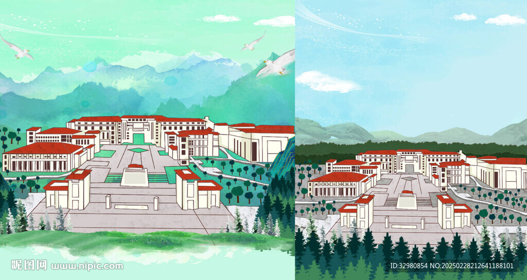 手繪校園建筑插畫俯視視角